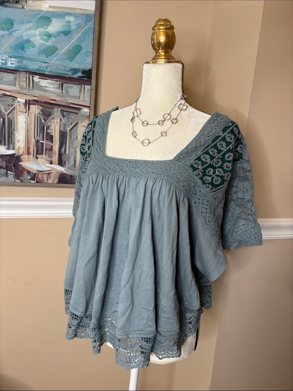 Free People Dusty Blue Crochet-Panel Square Neck Tunic